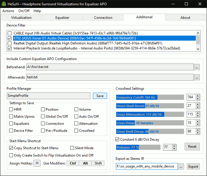 HeSuVi Additional settings tab with crossfeed profiles and device filters