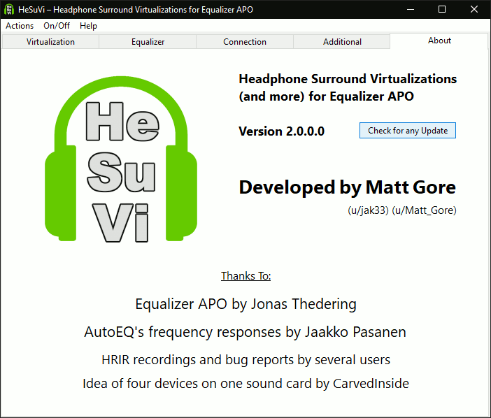 HeSuVi About tab showing version information and credits