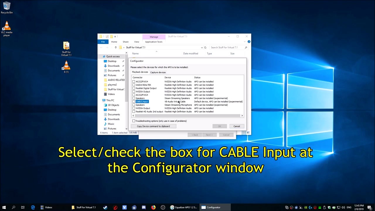 HeSuVi step 3 - Equalizer APO configurator showing device list with CABLE Input selected