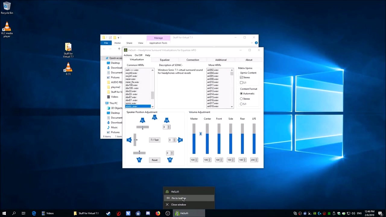 HeSuVi step - Main interface showing Virtualization tab with speaker position diagram, HRIR list, and volume controls