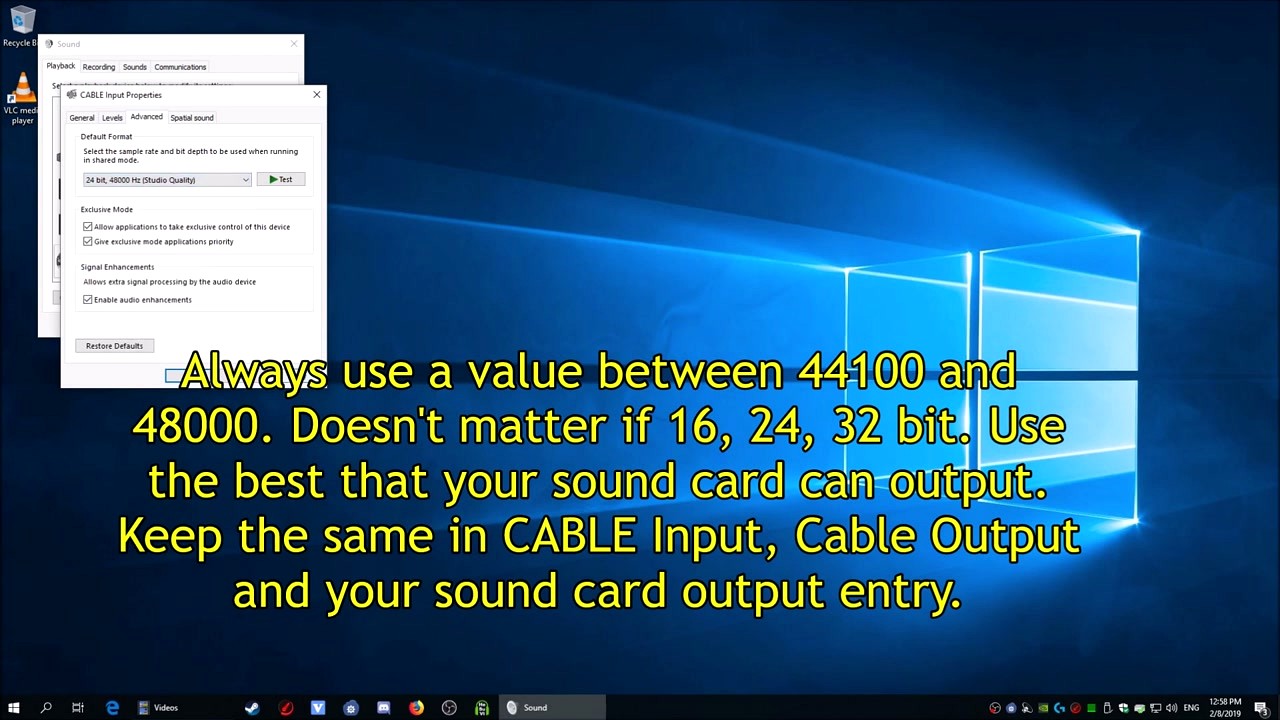 HeSuVi step - CABLE Input Properties Advanced tab showing 48000 Hz sample rate setting