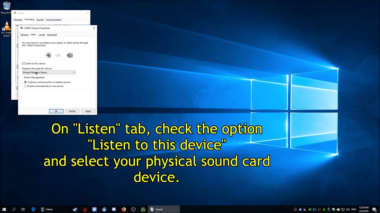 HeSuVi step - CABLE Output Properties Listen tab with Listen to this device enabled